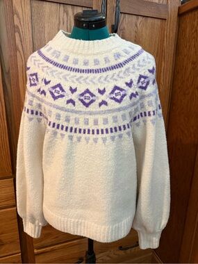 Cream Crewneck Sweater with Purple Fair Isle Yoke - Women's